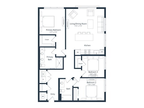 Floor plan for 3 beds, 3 baths, 1261 sqft